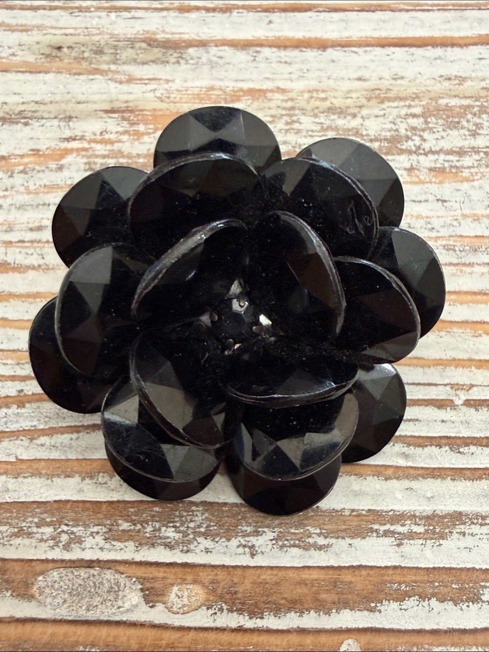 Vintage Black Flower Rose Faceted Petals Mourning Brooch Pin
